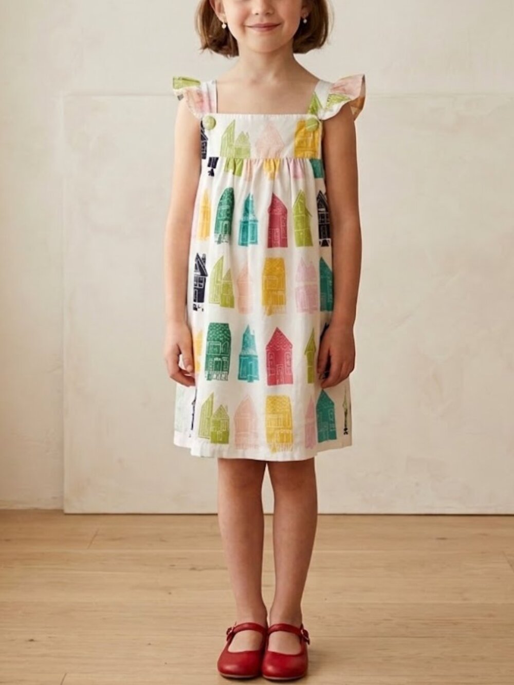Hannah Kate Girls Cotton Dress with Colorful Mod Houses